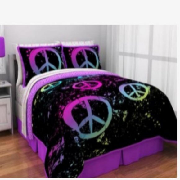 Peace Sign 11pc Comforter Queen bed in a bag/Curtain set🆕FAST📦🏃🏻💨⚡ - Picture 2 of 13